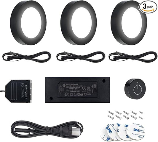 VST Under Cabinet Lighting 12V 2W (12W Total, 60W Equivalent), Wireless Dimmer Switch, Recessed or Surface Mount Wiring Puck Light for Kitchen, Wardrobe (3 Pack Black 4000K)