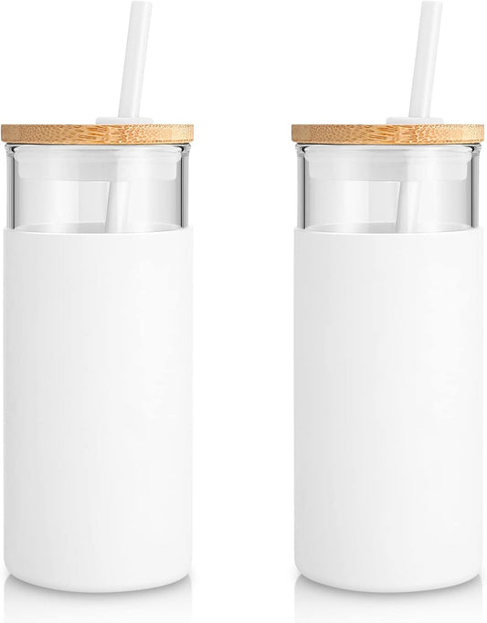 Tronco 20 oz Glass Tumbler With Lids and Straws, Glass Water Bottle Silicone Protective Sleeve, Iced Coffee Cup With Bamboo Lid, Reusable Smoothie Cup, BPA Free (White 2 Count)