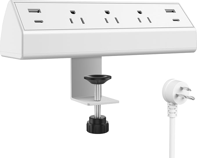 Desk Clamp Power Strip,40W Fast Charging Station,Desktop Mount Surge Protector,2 PD 20W USB C Ports,3 Outlets for Home,Office,Fit 1.9" Tabletop Edge (White, 3 Outlets & 4 USB Ports & 20 FT Cable)