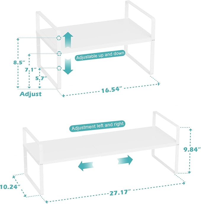 Cabinet Organizer Shelf,Expandable Cabinet Space Rack,Stackable Shelves Adjustable Storage Shelf,Riser for Kitchen Pantry Office,10.24" D,White