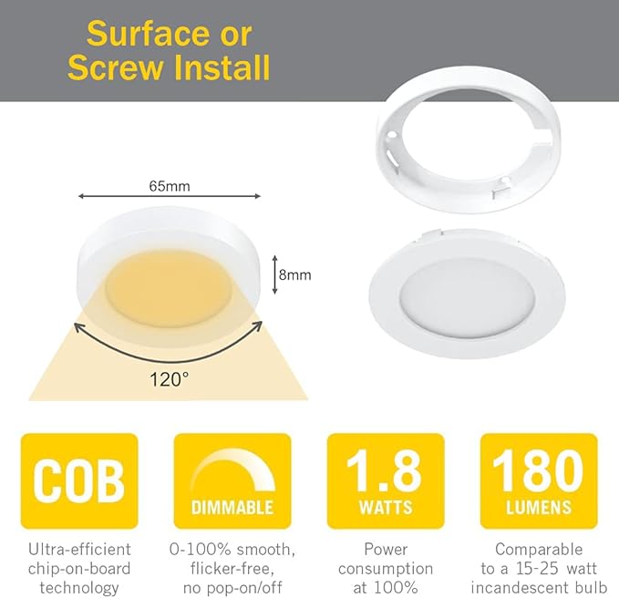VST Under Cabinet Lighting 12V 2W/pc, Wireless Dimmer Switch, Recessed or Surface Mount Wiring Puck Light for Kitchen,Wardrobe, Showcase Display 3 Pack White 4000K