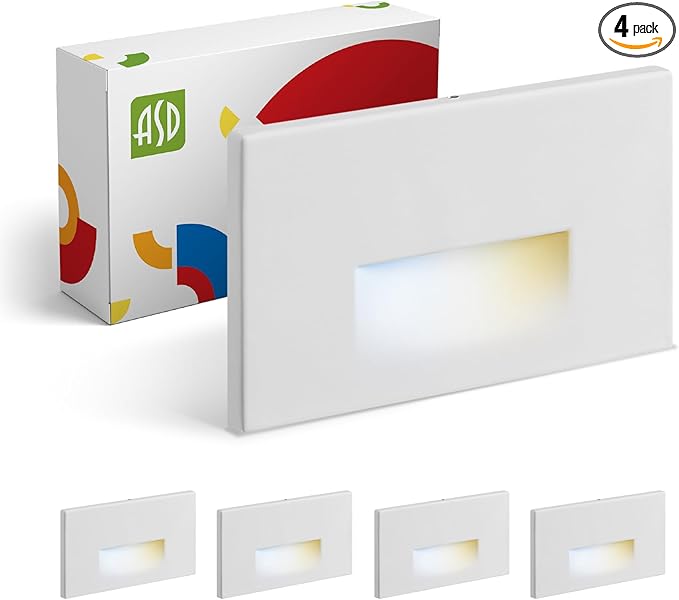 ASD LED Recessed Step Light Fixture, Outdoor & Indoor Stair Tread Lighting | 3CCT, Dimmable, Waterproof, ETL Listed | 3W 120LM 3000K-5000K 120V | Staircase Hardwired Illumination | White, 4 Pack