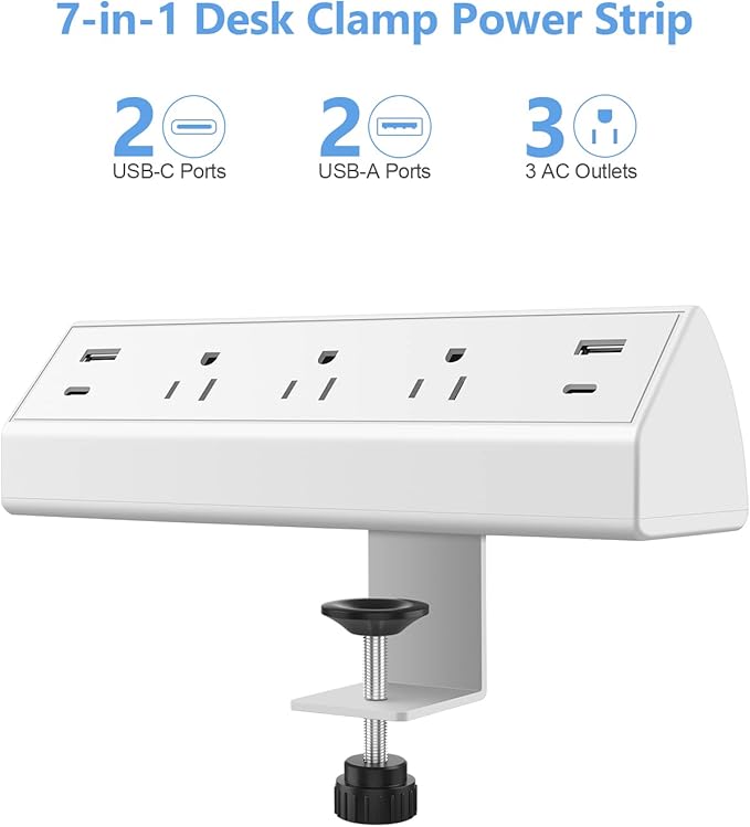 Desk Clamp Power Strip,40W Fast Charging Station,Desktop Mount Surge Protector,2 PD 20W USB C Ports,3 Outlets for Home,Office,Fit 1.9" Tabletop Edge (White, 3 Outlets & 4 USB Ports & 20 FT Cable)