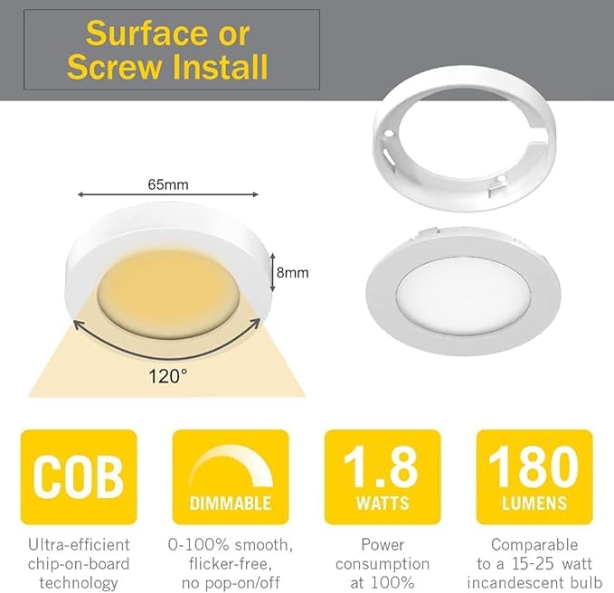 VST Under Cabinet Lighting Plug in with Wired Touch Dimmer Switch,Recessed or Surface Mount Design,Natural White 4000K 12V 2W(12W Total, 6 Pack White Puck Lights Fixtures