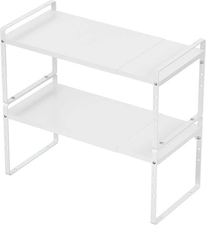 SANNO Expandable Kitchen Shelf Organizers,Cupboard Organizer Rack Space Riser Countertop Kitchen Pantry Cupboard Countertop Shelf Organizers, White, 2 Pack