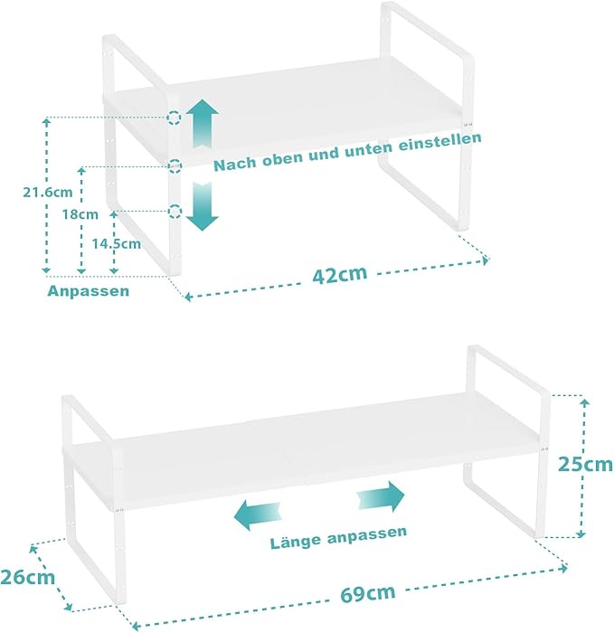 SANNO Expandable Kitchen Shelf Organizers, Large Kitchen Cupboard Organizer Stackable Counter Shelf Spice Rack Expandable Shelves,Pantry Storage Organization, White,1 pack