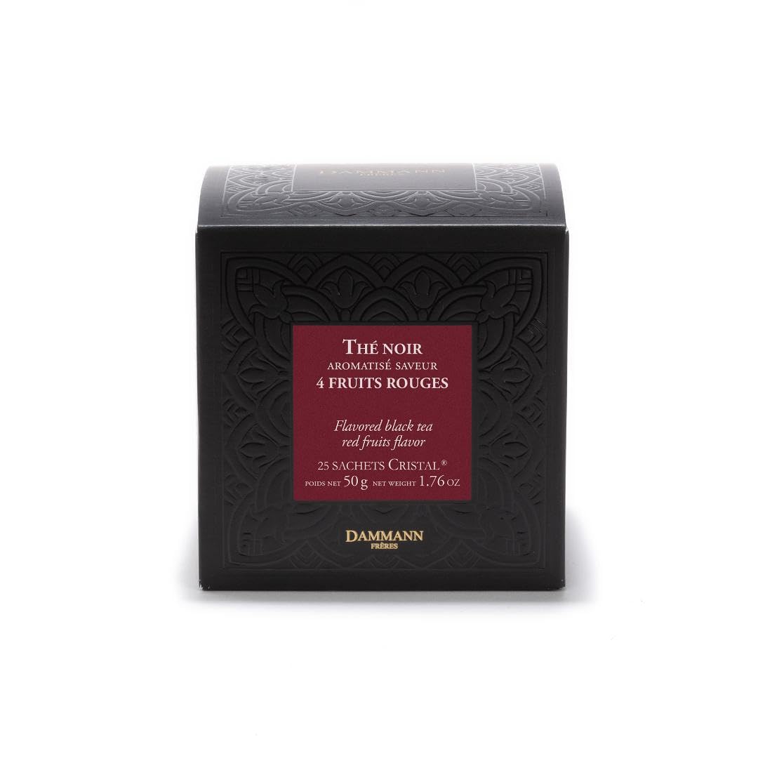 Dammann Freres Sachets, Quatre Fruits Rouges Tea Bags, Premium Gourmet French Black Tea, Blend Strawberry, Cherry, Raspberry, Red Currant Flavors, 25 Count (Single Pack)