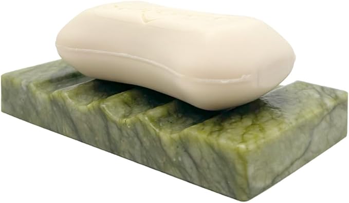 Real Marble Soap Dish for Shower - Stone Tray, Small Bar Soap Holder with Drainage | Non-Slip, Luxury Bath Room Accessories (Earth Green)
