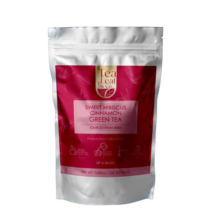 Tealeaf & Co. Sweet Hibiscus Cinnamon Green Tea with Hibiscus, Cinnamon, Stevia & Clove - Green Tea Bags with Fresh Herbs and Spices (Low Caffeine) - 100 Teabags