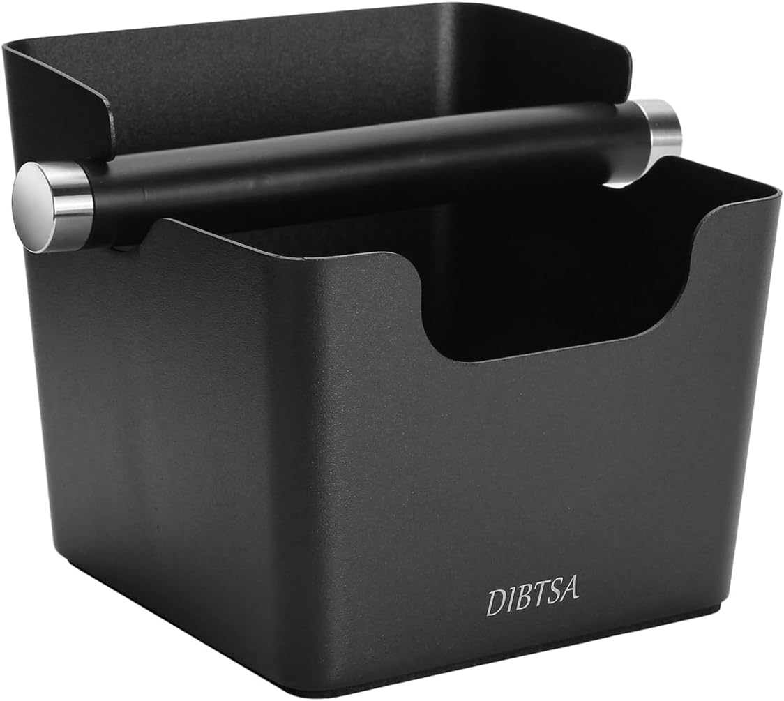 DIBTSA Knock Box Espresso, Stainless Steel Knock Box for Coffee Grounds, with Removable Rubber Bar and Anti-slip Pad, Large, Black