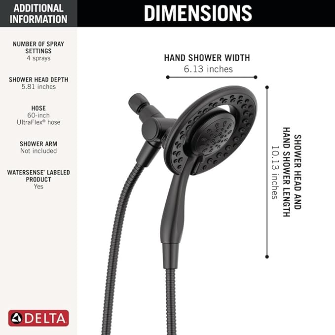Delta Faucet 4-Spray In2ition 2-in-1 Black Shower Head with Handheld, Touch-Clean Matte Black Shower Head with Hose, Detachable Shower Head, Hand Held Shower Head, Matte Black 75486CBL
