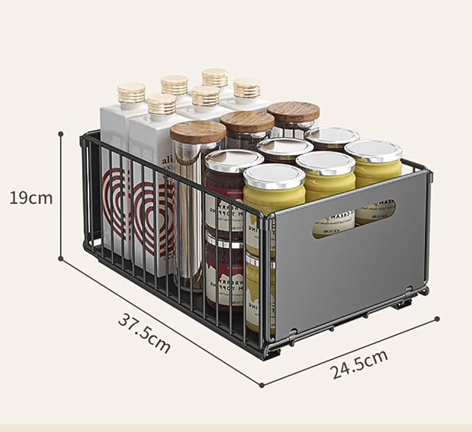 Pull Out Cabinet Organizer Slide Out Drawer Storage Shelves Cupboard Organiser Sliding Cabinet Basket for Kitchen No Drilling and Nailing (Black, 1Piece 9.8" W X15 D X 7.5" H)