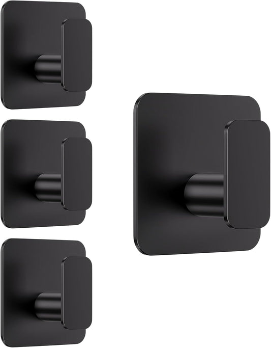 Black Hooks for Hanging Heavy Duty, Adhesive Hooks for Shower, Bathroom, Kitchen, Robe, Towel, Coat, Waterproof & Rustproof Hook for Walls No Damage, Stainless Steel Sticky Hook - 4 Pack