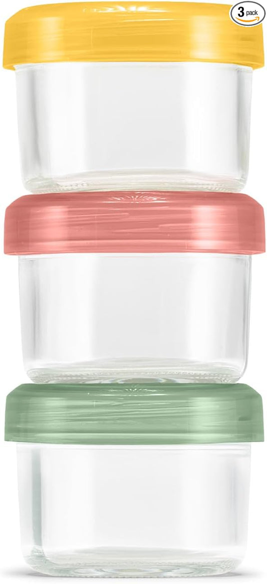 Ello Color Lock 3-Pack 4oz Reusable Glass Condiment Containers with Screw-on Leak-Proof Lid, Perfect for Salad Dressing Sauce Dips, Lunchbox Picnic, BPA-Free, Desert Festival