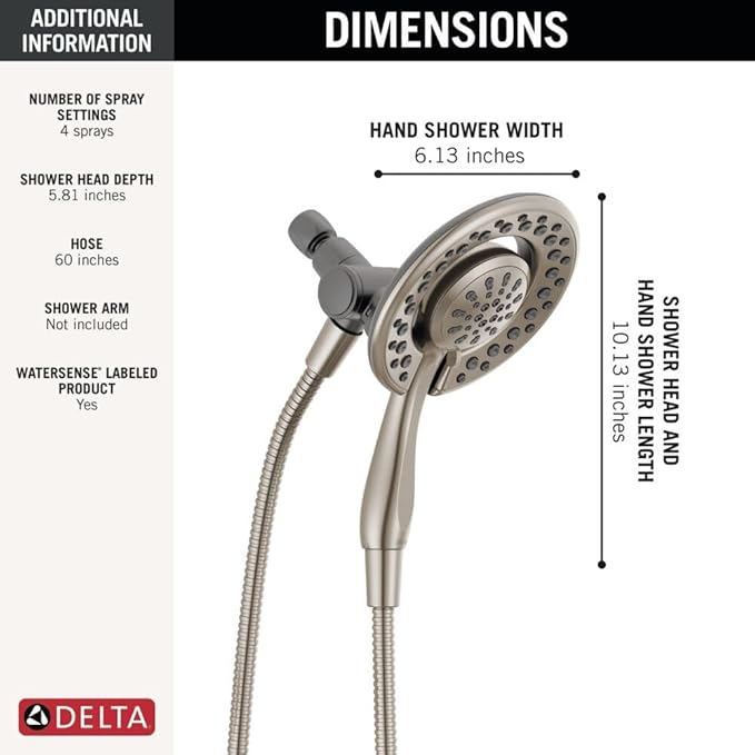 Delta 4-Setting In2ition 2-in-1 Dual Shower Head with HandHeld Spray, Brushed Nickel Detachable Shower Head with Hose, Showerhead, 1.75 GPM Flow Rate, SpotShield Nickel 75486CSN