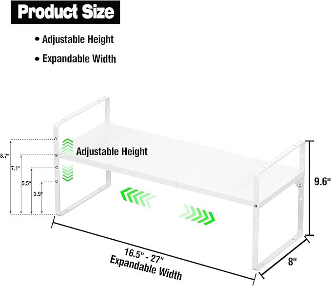 ‎Expandable Kitchen Cabinet Storage Shelf, Stackable Metal Pantry Storage Shelves Organizer, Adjustable Height Counter Spice Rack for Kitchen Cabinet (White - 16.5"-27" L x 8" W x 9.6" H - 3Pack)