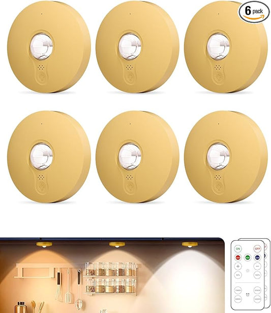 Rechargeable Puck Lights with Remote Control, 1500mAh Battery, 6Pcs Gold Stick-on Lights for Under Cabinet, Closet, Bedroom, Kitchen with Dimmer & Timer Function