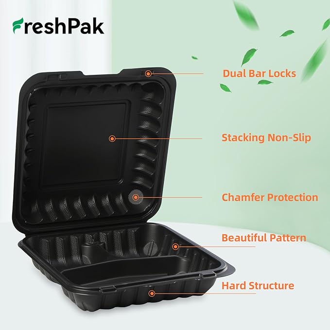 FRESHPAK Food Containers Mineral Filled PP 55 Pack - 8x8 34 oz Shrink Wrap BPA Free Plastic | Stackable Storage Clamshell Takeout Container | Reusable Microwave Safe | 3 Compartment Black Lunch Boxes