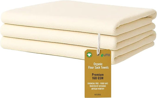 Flour Sack Towels | Tea Towel for Crafts| Kitchen Dish Cotton Blank Towel for Embroidery| Baking Bread Proofing Linen Cover| Thick Absorbent Quick Dry| 3 Pack 28"x28" Natural