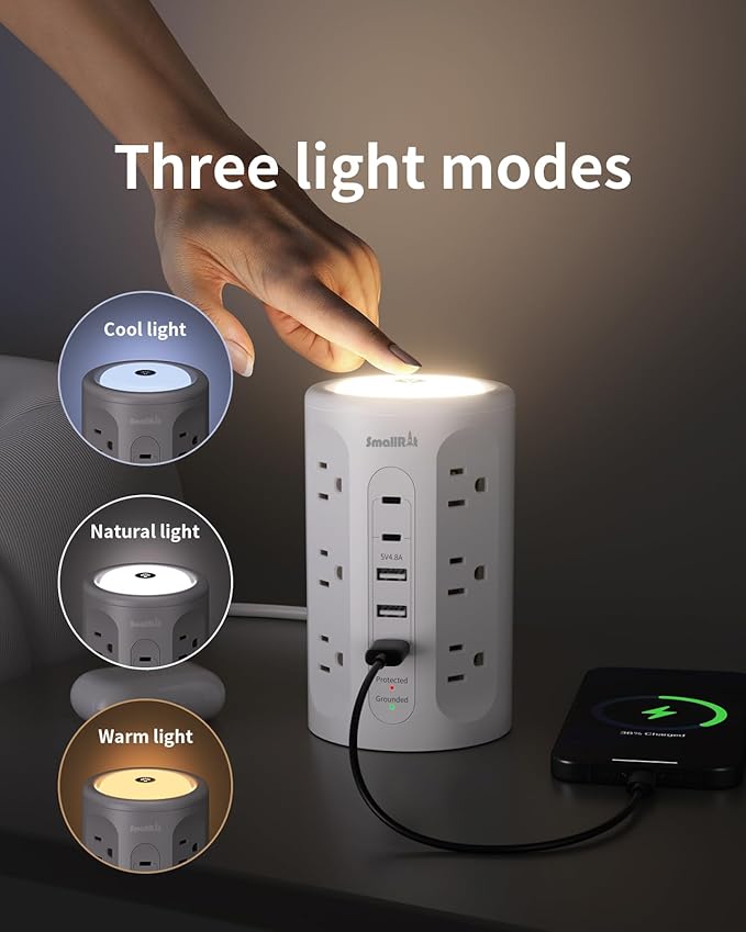 Power Strip Tower with Night Light, Surge Protector Tower with Multiple Outlets (12AC+3A+2C), 10 FT Extension Cord Charging Station for Home, Office, Dorm Essentials (White)