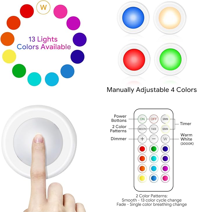 Yiliaw LED Puck Lights with Remote Control, AA Battery Operated, 12 Color Closet Under Cabinet Lighting, Push Tap Light, Under Counter for Kitchen, 12 Pack, White-Magnetic