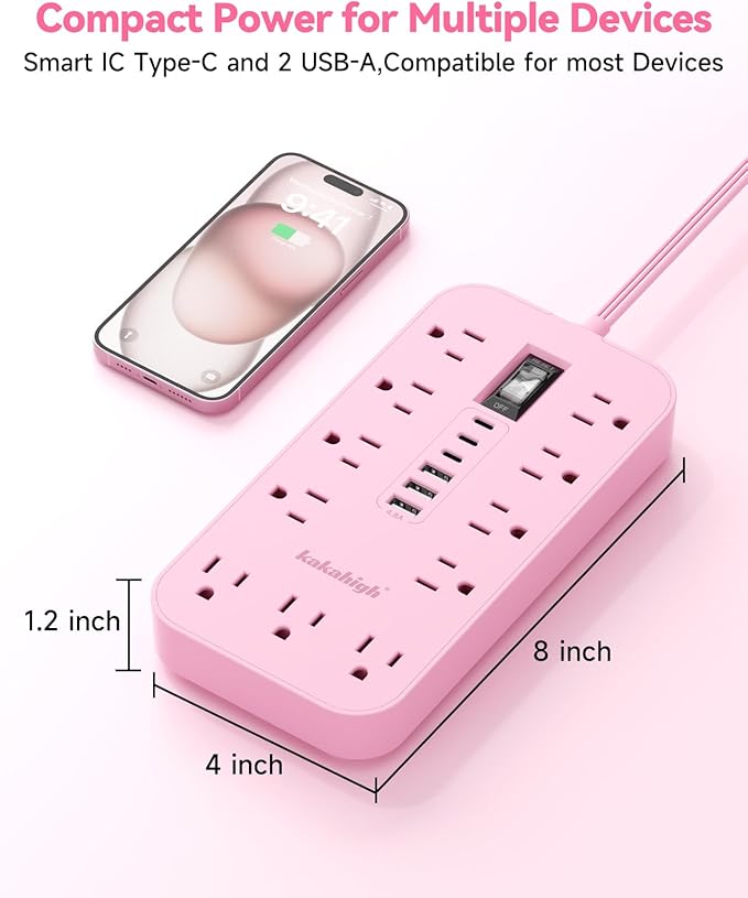 Pink Extension Cord with Multiple Outlets- 5 FT Kawaii Power Strip, Cute Extension Cord with 11 AC Outlet 6 USB (24W/4.8A), Charging Station for Cute Pink Kawaii Desk Home Room Decor Essentials Gifts