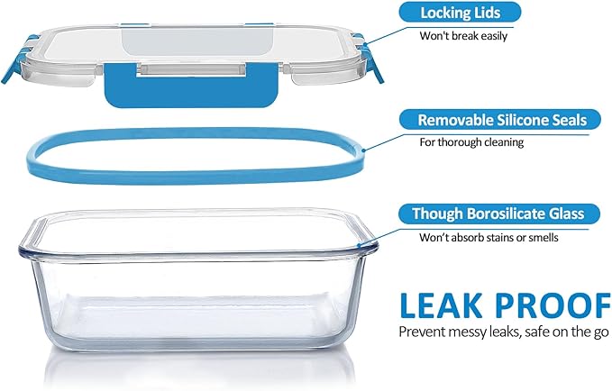 30 Pieces Glass Food Storage Containers with Upgraded Snap Locking Lids,Glass Meal Prep Containers Set - Airtight Lunch Containers, Microwave, Oven, Freezer and Dishwasher Friendly, Blue