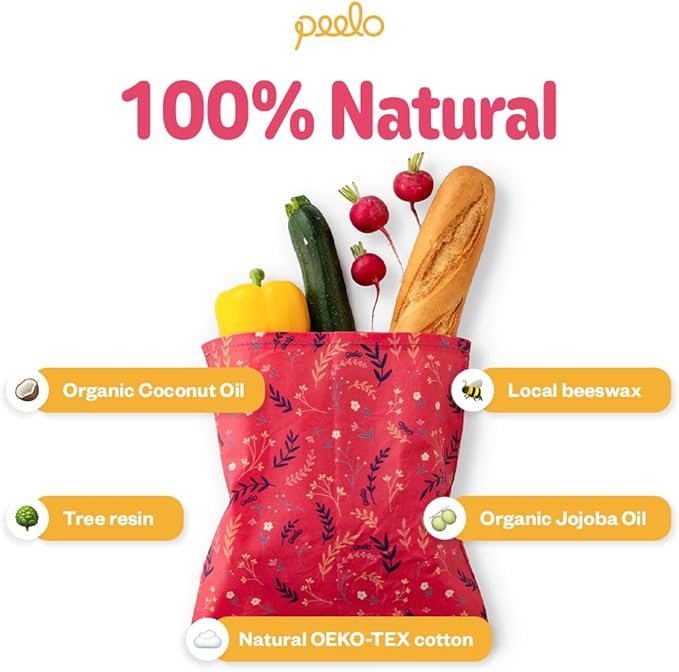 PEELO Beeswax Food Wrap Bag, Bee Wrap Sustainable Food Storage Wraps, Bees Bags Reusable, Beeswax Wraps for Food Reusable, Fruit Design, Medium