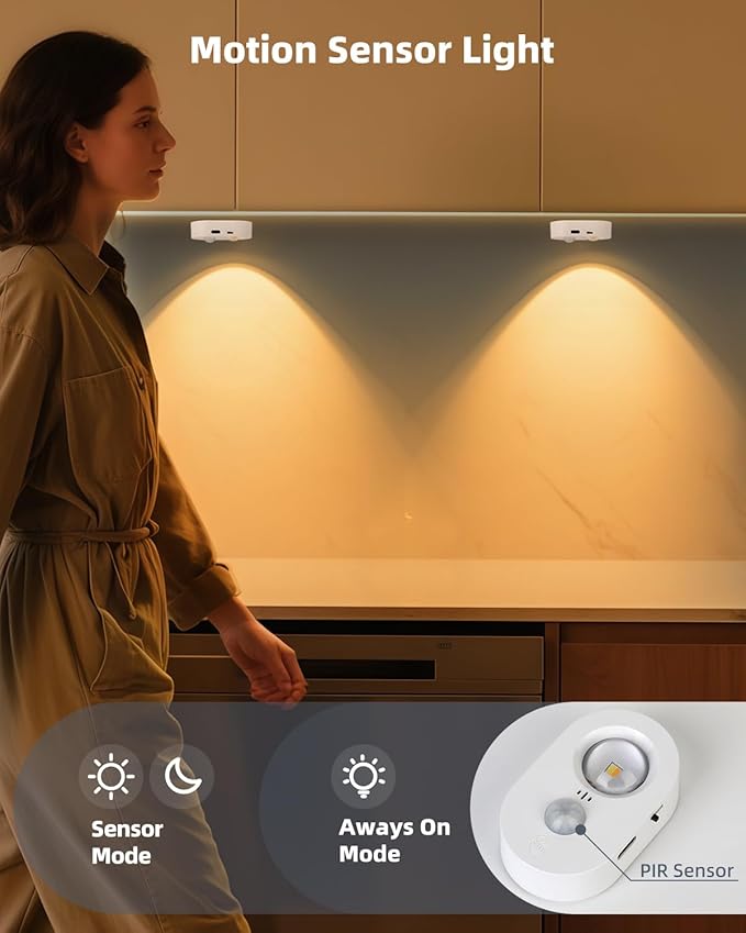 Yiliaw LED Motion Sensor Puck Lights Indoor, Small Rechargeable Under Cabinet Lighting, Dimmable Warm White Closet Lights, Stick on Wireless Night Light for Drawer, Shelf, Kitchen, White (6 Pack)