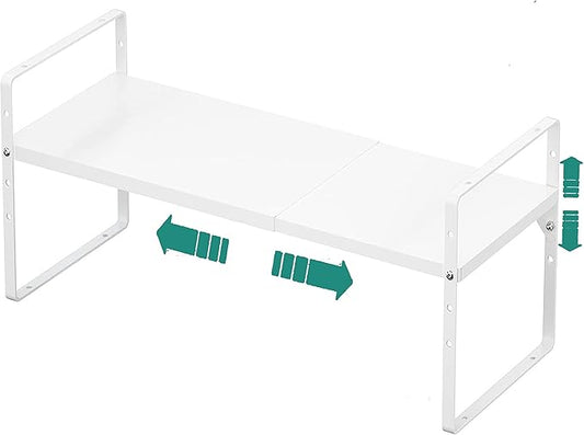 Expandable Cabinet Shelf Organizer Rack, Stackable Kitchen Counter Storage Shelves Stand, Adjustable Height Pantry Shelf Spice Rack, Heavy Duty Nonslip White Small 1Pack