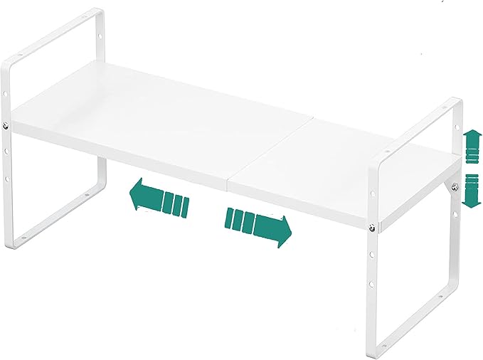 Expandable Cabinet Shelf Organizer Rack, Stackable Kitchen Counter Storage Shelves Stand, Adjustable Height Pantry Shelf Spice Rack, Heavy Duty Nonslip White Large 1Pack