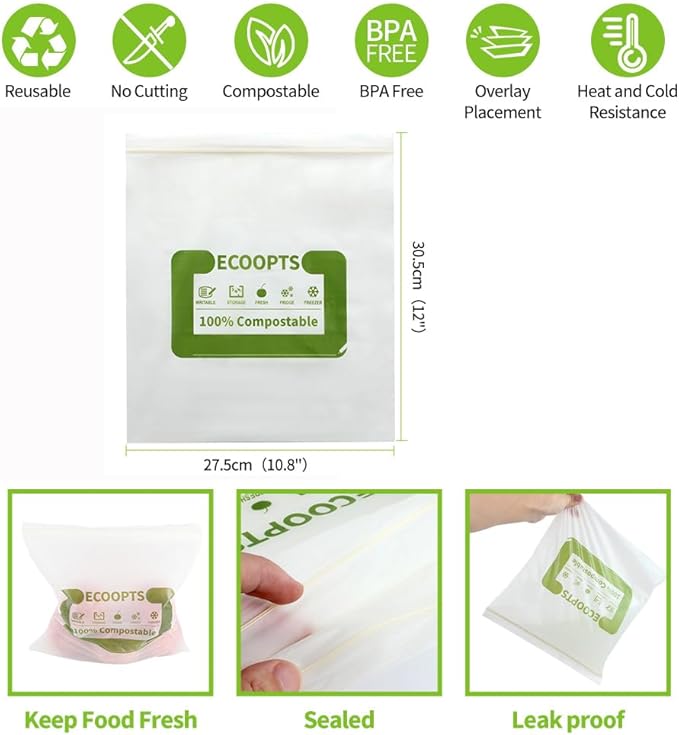 100% Compostable Large Sandwich Zip Bag | ECO-Friendly Food Storage Bags | Freezer Bag | Plant-Based BPA-free | Seal well for Fruit,Food and Snack (L-2Pack)