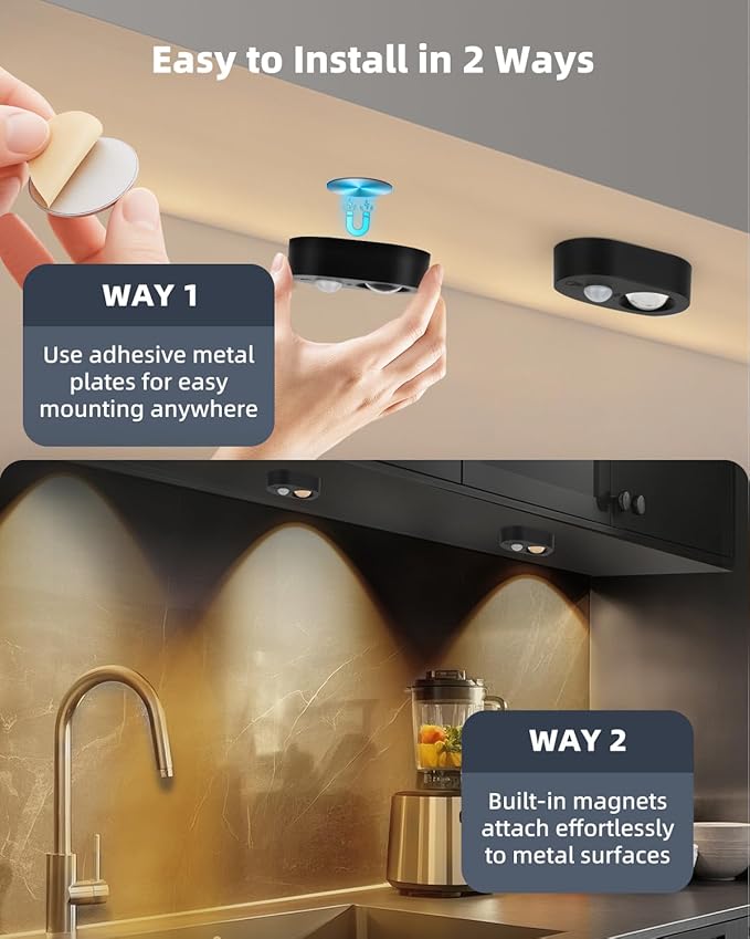Yiliaw LED Motion Sensor Puck Lights Indoor, Small Rechargeable Under Cabinet Lighting, Dimmable Warm White Closet Lights, Stick on Wireless Night Light for Drawer, Shelf, Kitchen, Black (9 Pack)