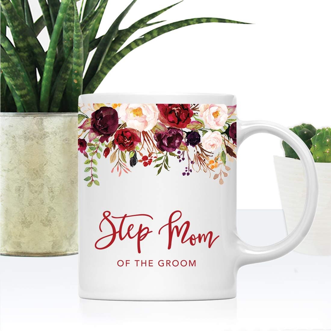 Andaz Press 11oz. Wedding Ceramic Coffee Tea Mug Gift, Fall Autumn Marsala Burgundy Flowers Roses Florals, Step Mom of the Groom, 1-Pack, Includes Gift Box