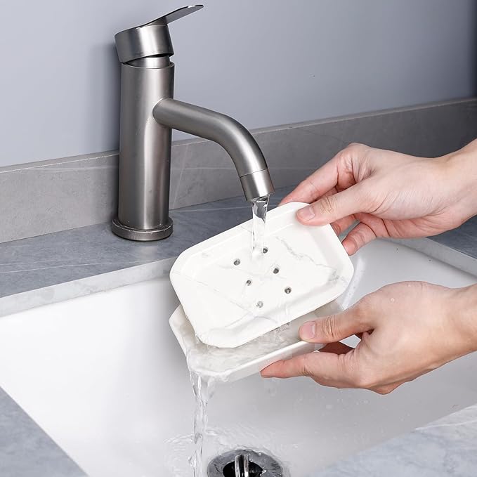 Soap Dish, Ceramic Self-draining Soap Holder, Double Layer Bar Soap Holder with Drain, Soap Dishes for Bathroom Shower Kitchen, Easy to Clean Keep Soap Dry, Off-white with Marble Pattern, ANTIS'S HOME
