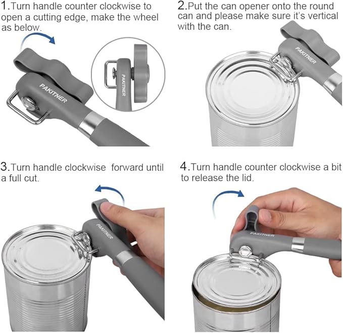 PAKITNER- Cut safe can opener, Manual can opener smooth edge - handheld Side cut can opener with Sharp Blade, Comfortable Grip Handle Food Grade Stainless Steel Cutting Can Opener, Gray