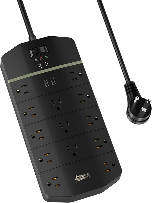 SUPERDANNY 15A Power Strip Surge Protector 5000 J with 13 AC Outlets 2 USB-A & 2 USB-C PD 20W Fast Charging Heavy Duty 14AWG/3C Industrial Grade 10ft Extension Cord for Workbench Home Office Black