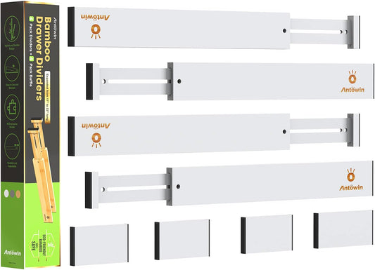 ANTOWIN Bamboo Drawer Dividers Organizers, Expandable Drawer Separators Splitter,17-22 inches Long Adjustable Spring-loaded Organizer for Large Utensil, Clothes, Tools Drawers (White)