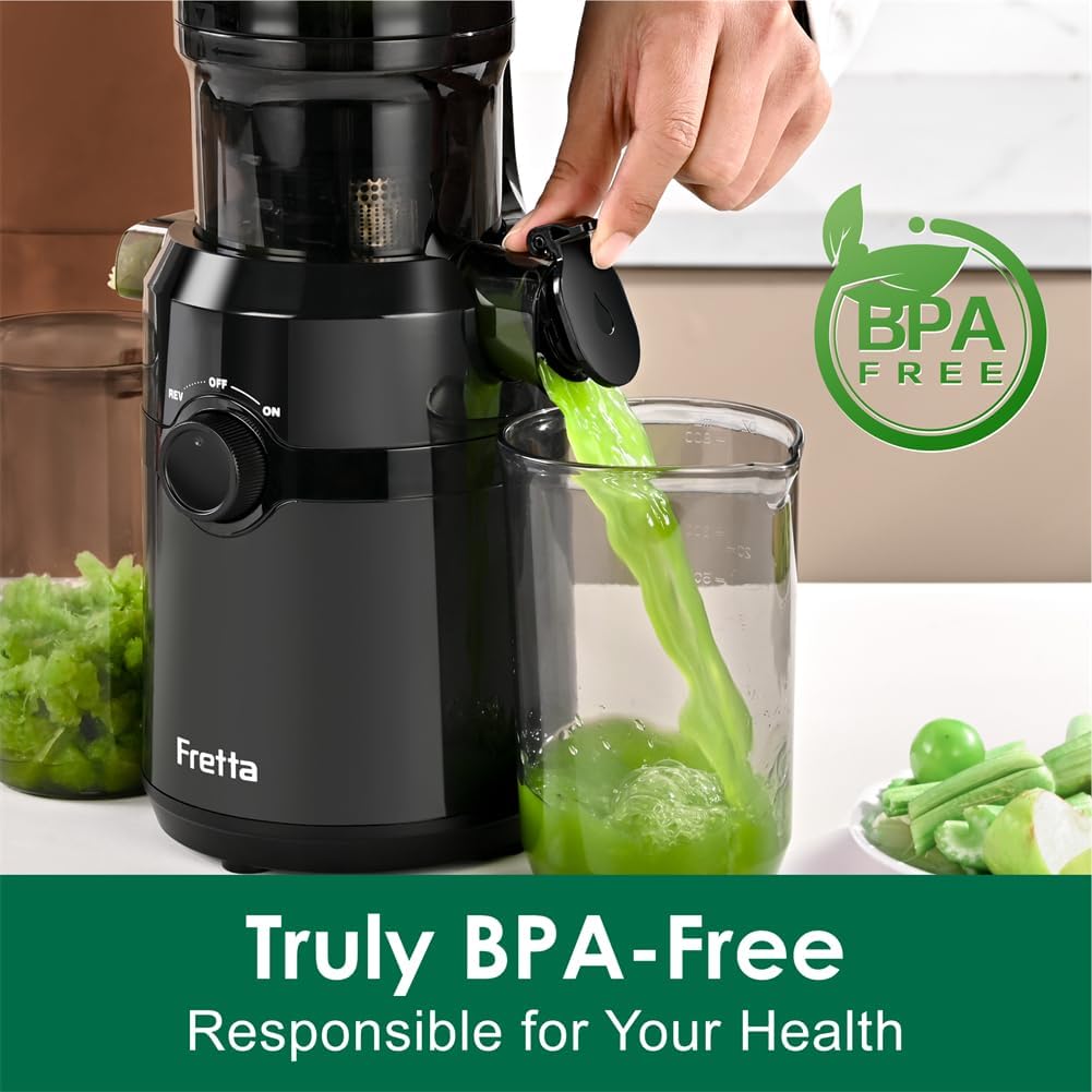 Cold Press Juicer Machines,Fretta Slow Masticating Juicer Machines with 4.25" Large Feed Chute,Fit Whole Fruits & Vegetables Easy Clean Self Feeding,High Juice Yield,BPA Free (Black)