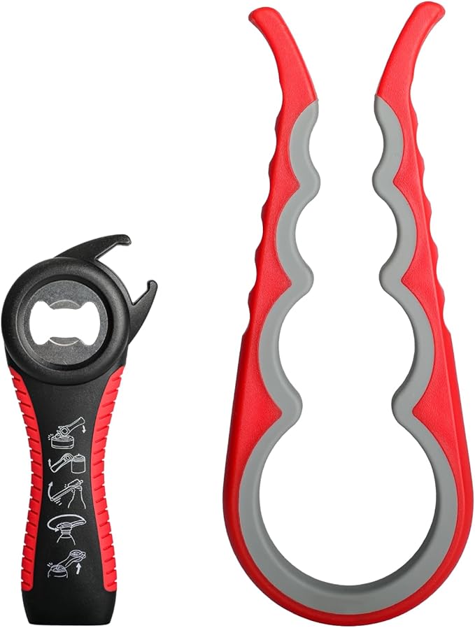 2PCS 5 in 1 Multi-Function Jar and Bottle Opener for Weak Hands - Manual Can Opener With Non-Slip Rubber Gripper Pad - Easy Twist Tool for Arthritic Hands (Red)