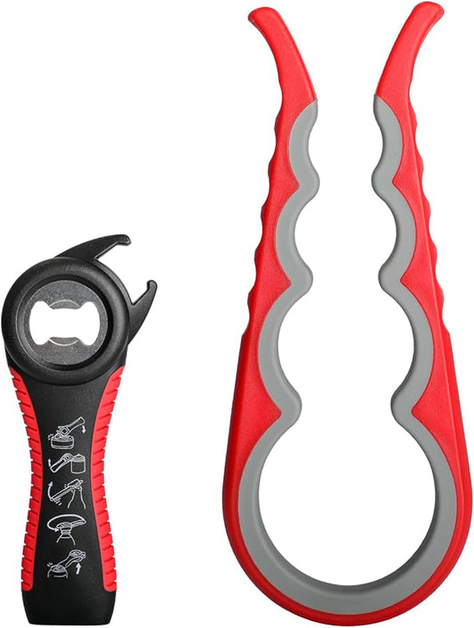 2PCS 5 in 1 Multi-Function Jar and Bottle Opener for Weak Hands - Manual Can Opener With Non-Slip Rubber Gripper Pad - Easy Twist Tool for Arthritic Hands (Red)