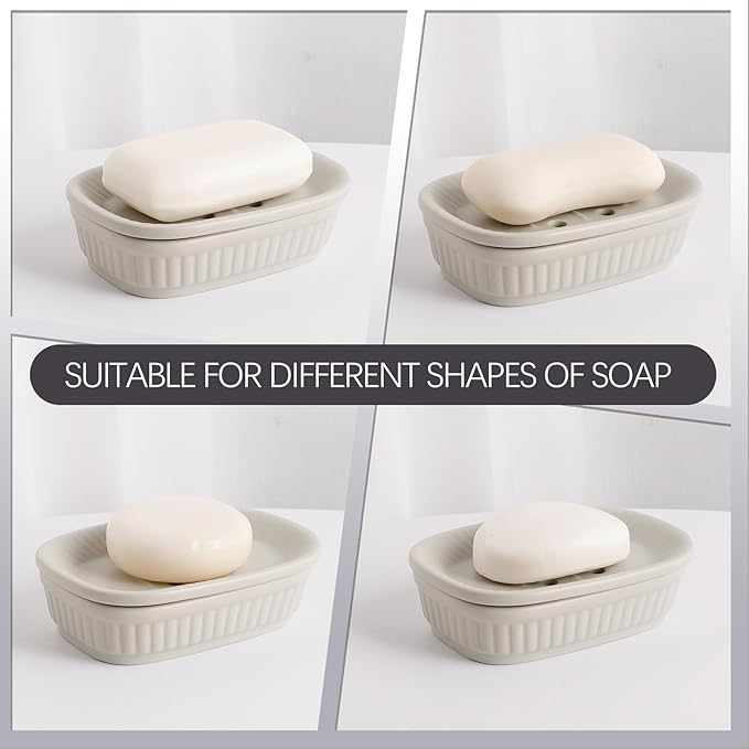 Soap Dish, Self-draining Bar Soap Holder, Ceramic Double Layer Soap Dishes for Bar Soap, Draining Soap Dish for Bathroom Shower Kitchen, Minimalist Vintage Style, Keep Soap Dry, Grey, ANTIS'S HOME