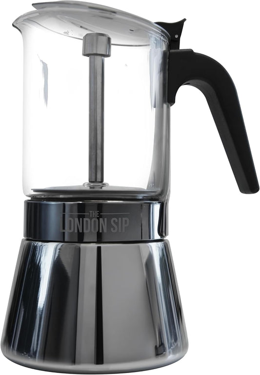 London Sip Glass and Stainless Steel Stovetop Espresso Maker Moka Pot Italian Coffee Percolator, Matte Black, Large (15.2 oz)