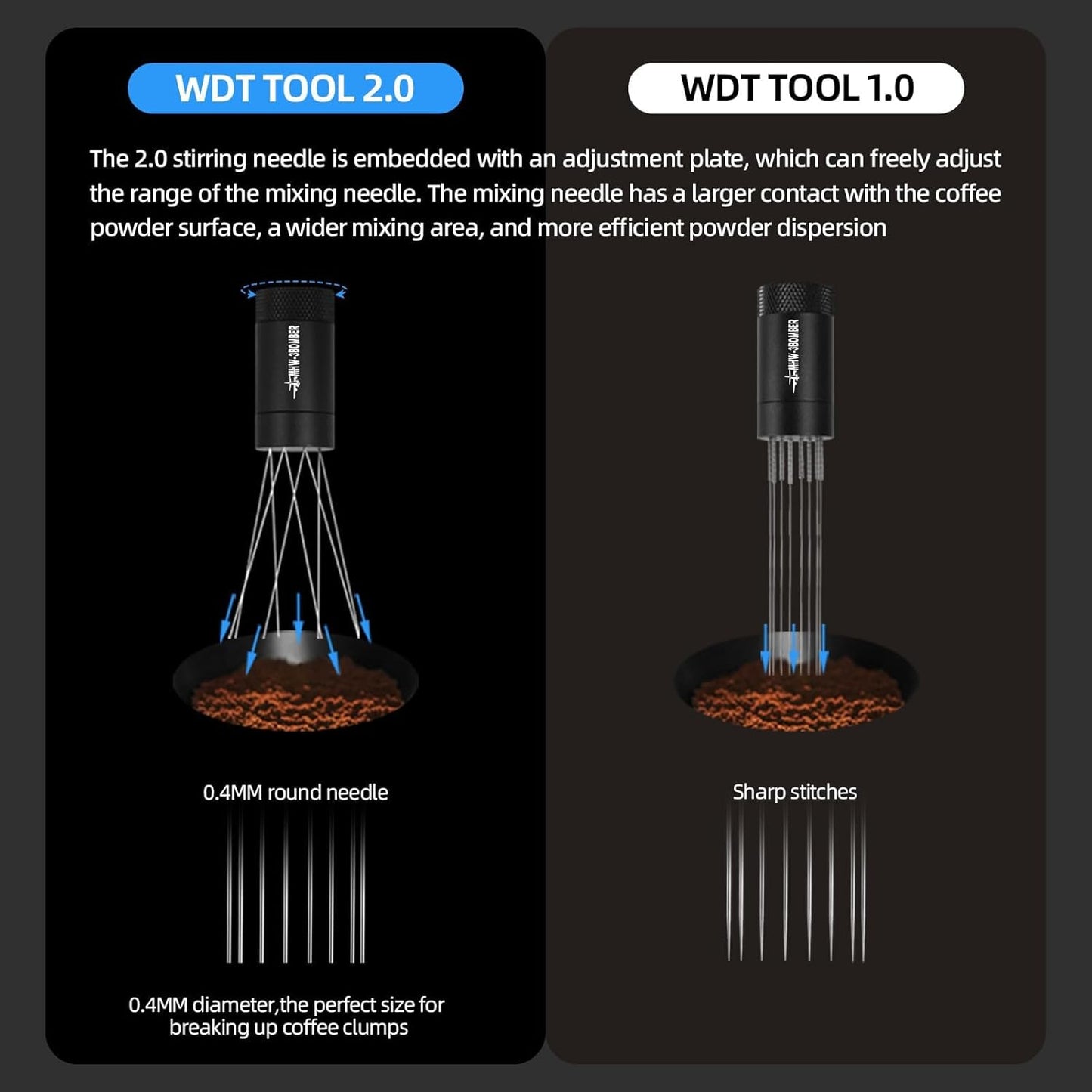 MHW-3BOMBER WDT Tool Espresso Distribution Tool with Magnetic Stand for Barista, Adjustable Range Coffee Needle Stirrer, 304 Stainless Steel 8 Needles 0.4mm with 6 Extra Needles, Black, T6126-OS