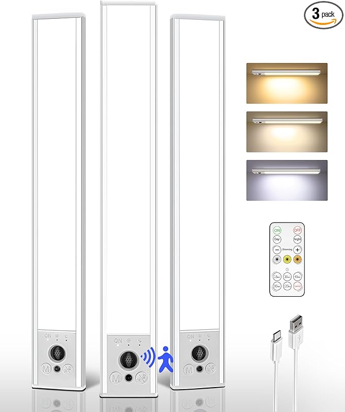 EZVALO 3 Pack Under Cabinet Lighting, 3200mAh Rechargeable Motion Sensor Light, 12inch Magnetic Closet Lights with Dimmable & 3 Color Temps, Wireless Motion Activated Lights with Remote for Kitchen
