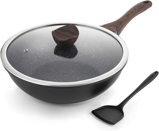 Nonstick Wok with Lid, 12 Inch Woks & Stir-fry Pans, Granite Stone Coating for Cooking, Induction Cookware, Compatible with All Stovetops, PFOA Free