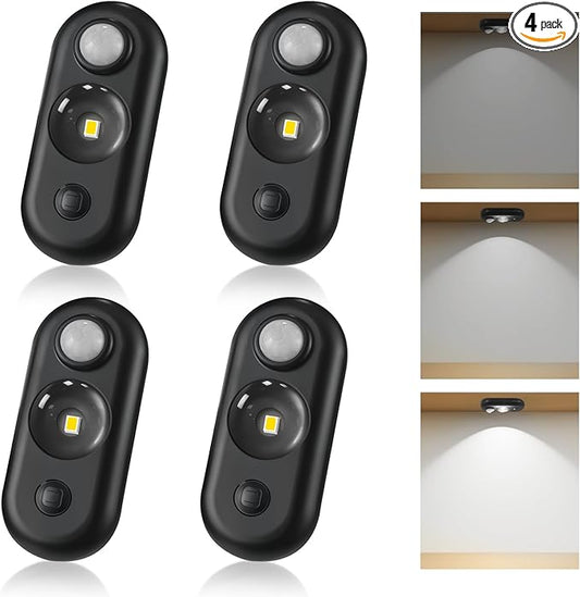 LED Motion Sensor Puck Lights, Small Rechargeable Under Cabinet Light, Dimmable Daylight White Closet Lights, Wireless Under Cabinet Lighting for Drawer, Kitchen (4 Pack)