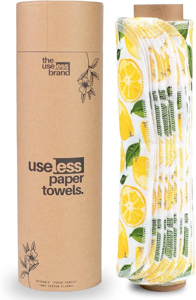 The Useless Brand Reusable Paper Towels Roll | Washable Cotton Flannel Sheets w/Cardboard Roll | Fits on Most Holders (Lemons, 12 Towels)