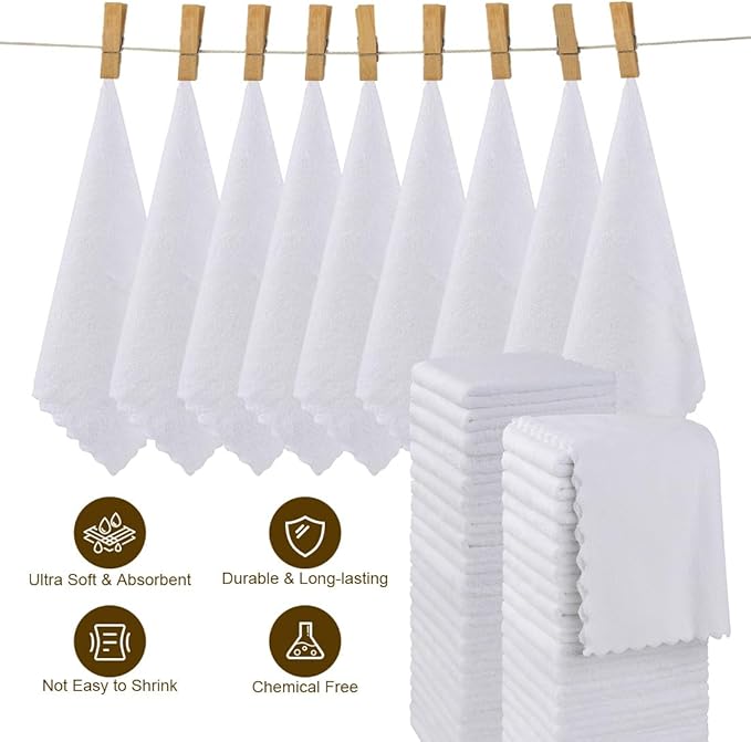 Orighty Washcloths 96 Pack, Ultra Soft Face Cloths 12 x 12 inch, Absorbent & Quick Drying Coral Velvet Washcloth Bulk, Multi-Purpose Face Cloth for Household, Cleansing and Sport (White)