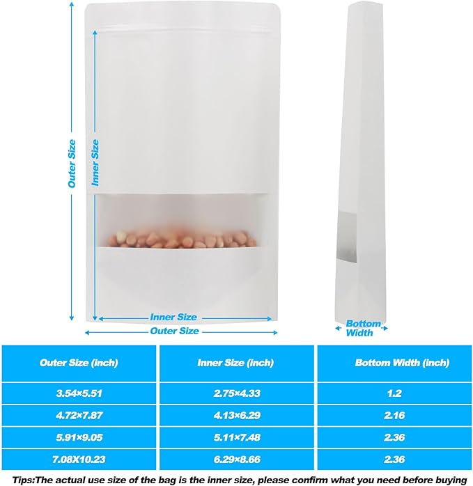 100 PCS Resealable Bags, Stand Up Kraft Paper Bags with Matte Window, Zipper Lock Food Storage Bags for Small Business and Home, 3.54 * 5.51 Inch Reusable Sealable Bags for Packaging -White